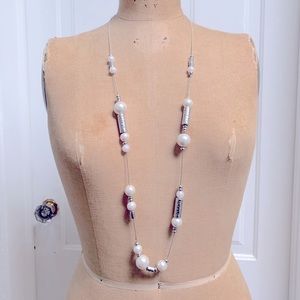 EXTRA LONG STATEMENT NECKLACE WITH FAUX PEARLS AND SILVER TONE CHAIN BY CHICO’S